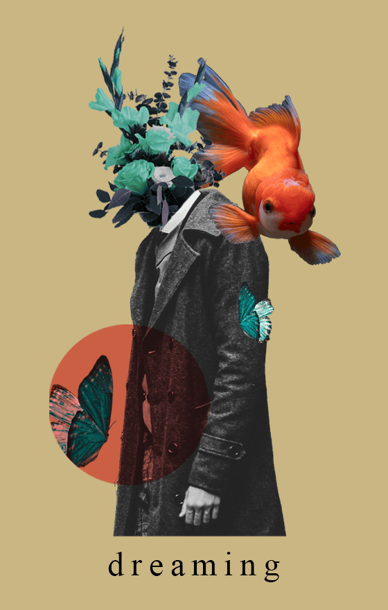 Composition artistique avec personnage et papillons